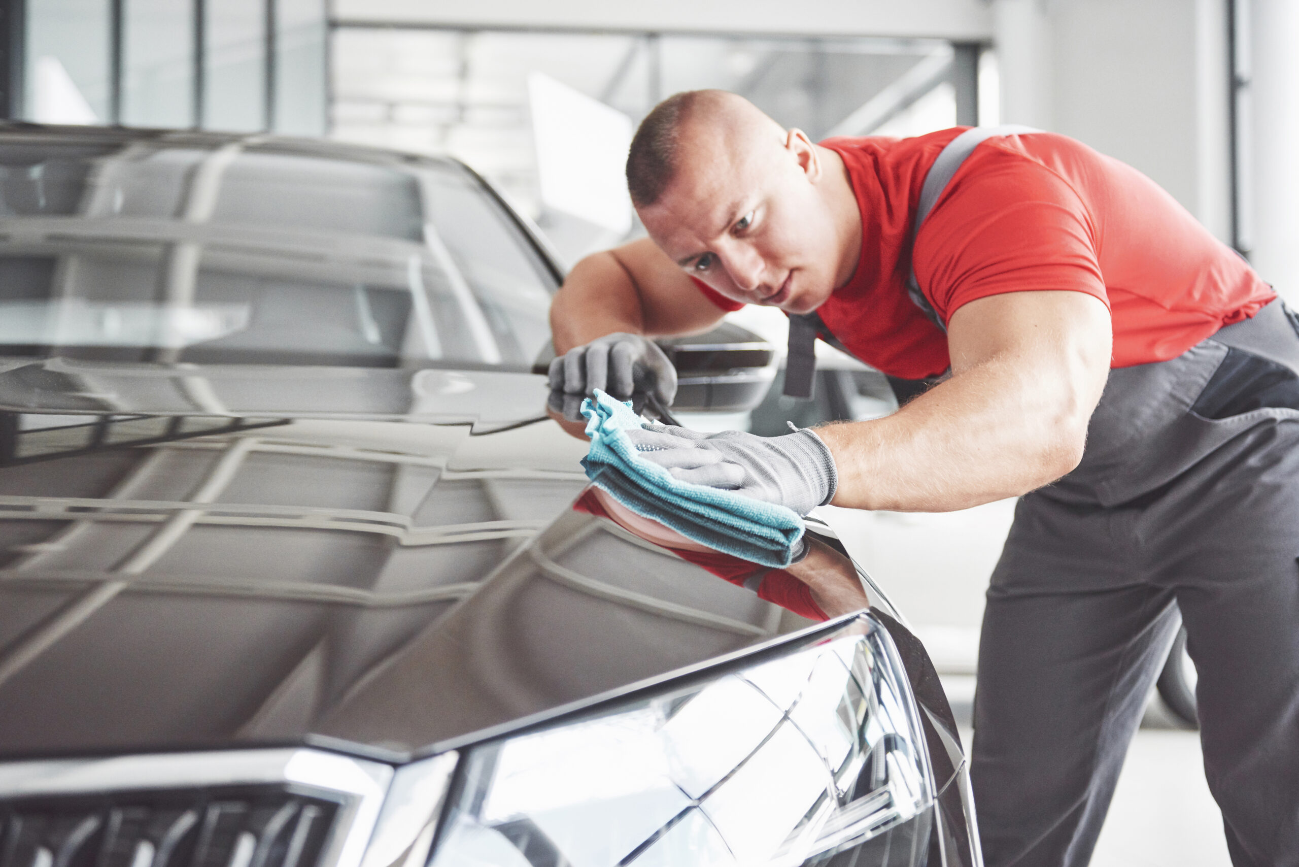 Professional cleaning and car wash in the car showroom